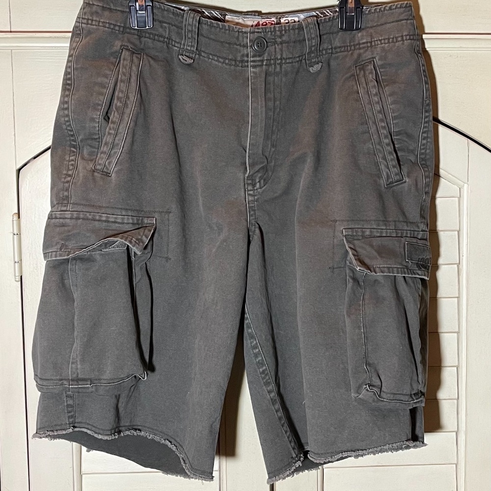 Aeropostale Authentic Cargo Shorts Mens Sz 33/34 Grey Cotton Raw Hem